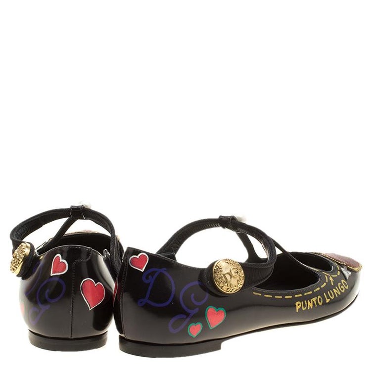 Dolce and Gabbana Black Leather Bellucci Appliqué Pointed Toe Ballet Flats Size at 1stDibs