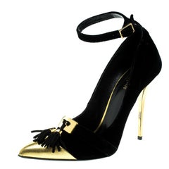 Balmain Black Velvet and Metallic Gold Leather Lena Tassel Ankle Strap Pumps Siz