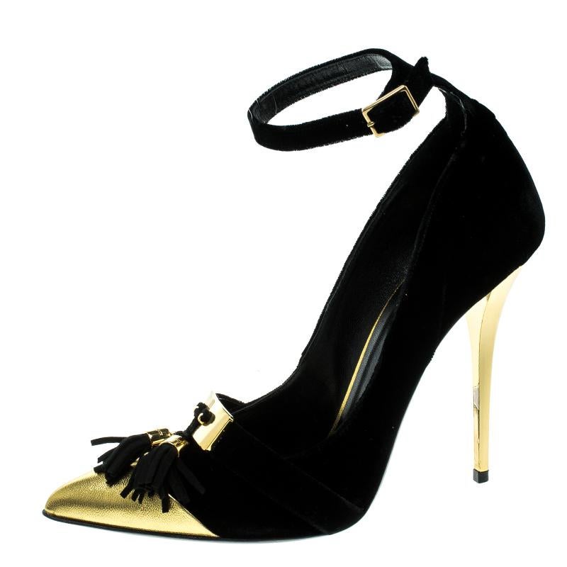 Balmain Black Velvet and Metallic Gold Leather Lena Tassel Ankle Strap Pumps Siz 1
