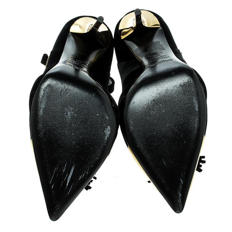 Women's Balmain Black Velvet and Metallic Gold Leather Lena Tassel Ankle Strap Pumps Siz