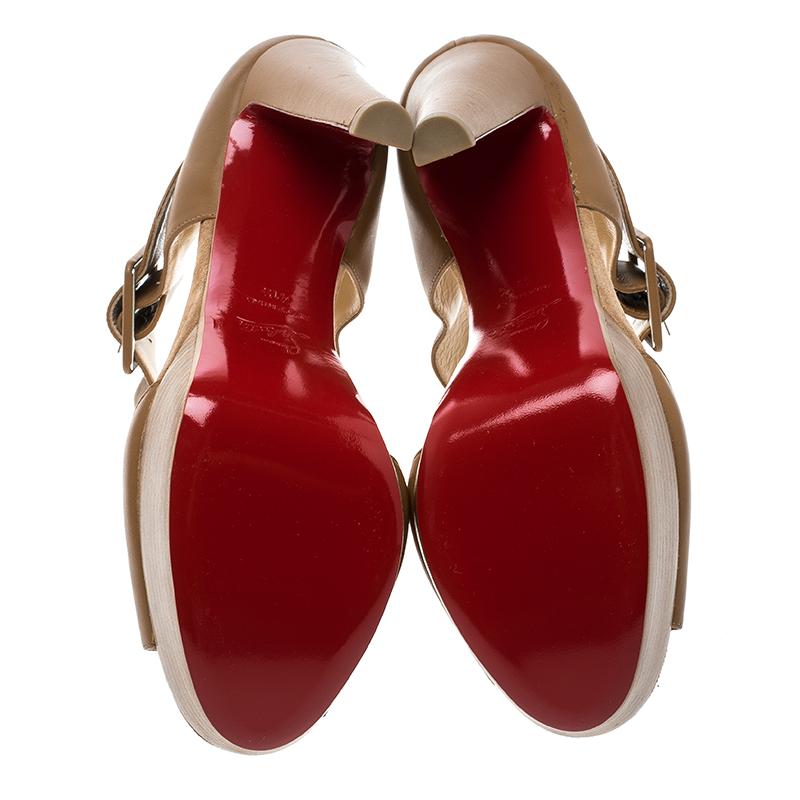 Women's Christian Louboutin Beige Leather Haute Retenue Ankle Strap Platform Sandals Siz