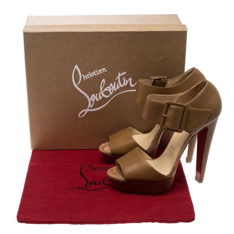 Christian Louboutin Beige Leather Haute Retenue Ankle Strap Platform Sandals Siz 4