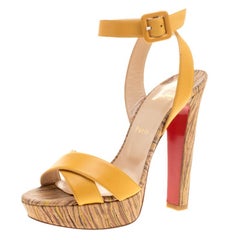 Christian Louboutin Yellow Leather Glory Criss Cross Ankle Strap Cork Platform S