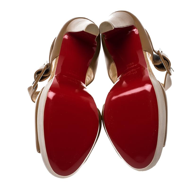 Women's Christian Louboutin Beige Leather Haute Retenue Ankle Strap Platform Sandals Siz