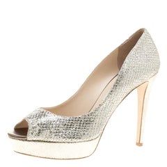 Jimmy Choo Silver Glitter Fabric Dahlia Platform Peep Toe Pumps Size 41