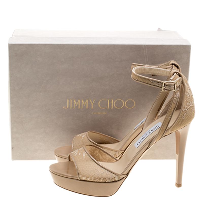 Jimmy Choo Beige Lace and Patent Leather Kayden Ankle Strap Platform Sandals Siz 4