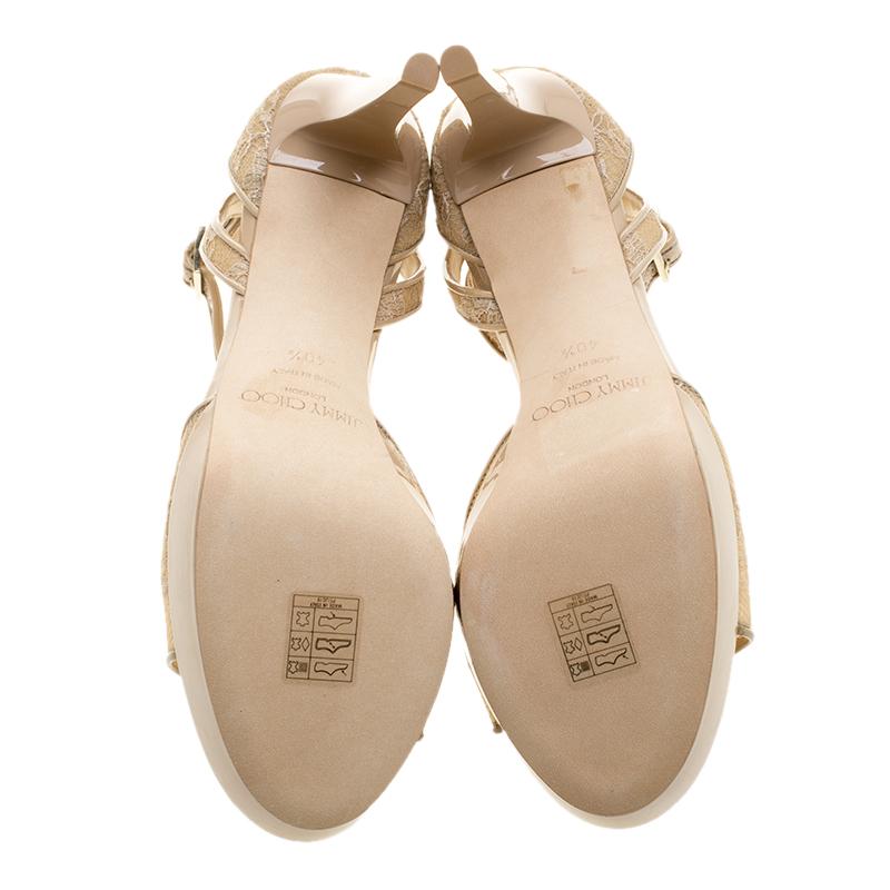 Jimmy Choo Beige Lace and Patent Leather Kayden Ankle Strap Platform Sandals Siz 1