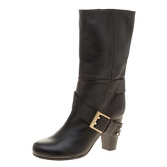 Used Chloe Black Leather Mid-Calf Buckle Boots Size 37