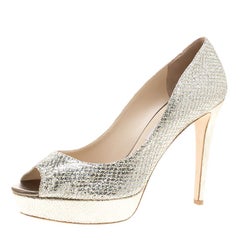 Jimmy Choo Silver Glitter Fabric Luna Peep Toe Platform Pumps Size 38