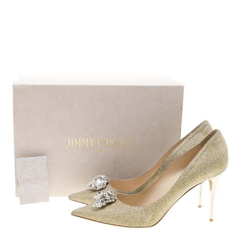Jimmy Choo Metallic Gold Lamè Glitter Fabric Mamey Crystal Embellished Pointed T 2
