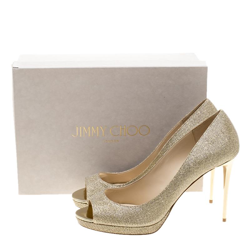 Jimmy Choo Metallic Gold Lamè Glitter Fabric Luna Peep Toe Platform Pumps Size 4 4