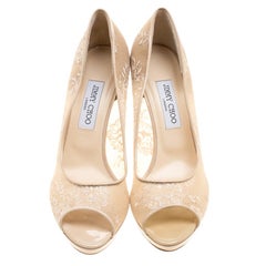 Jimmy Choo Beige Lace Luna Peep Toe Platfrom Pumps Size 41