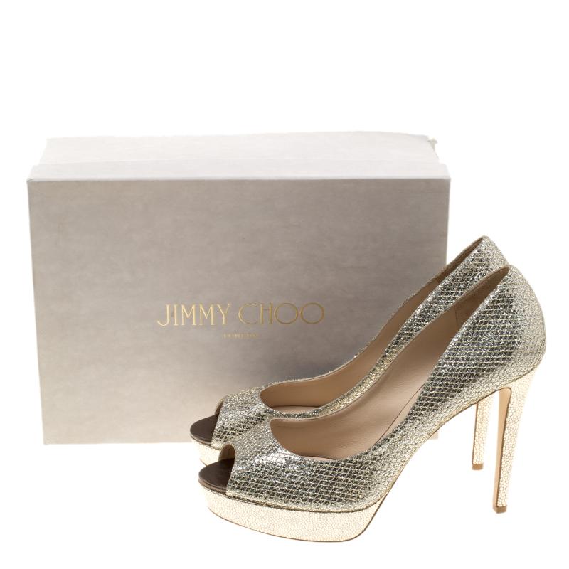 Jimmy Choo Metallic Champagne Glitter Fabric Dahlia Peep Toe Platform Pumps Size 3