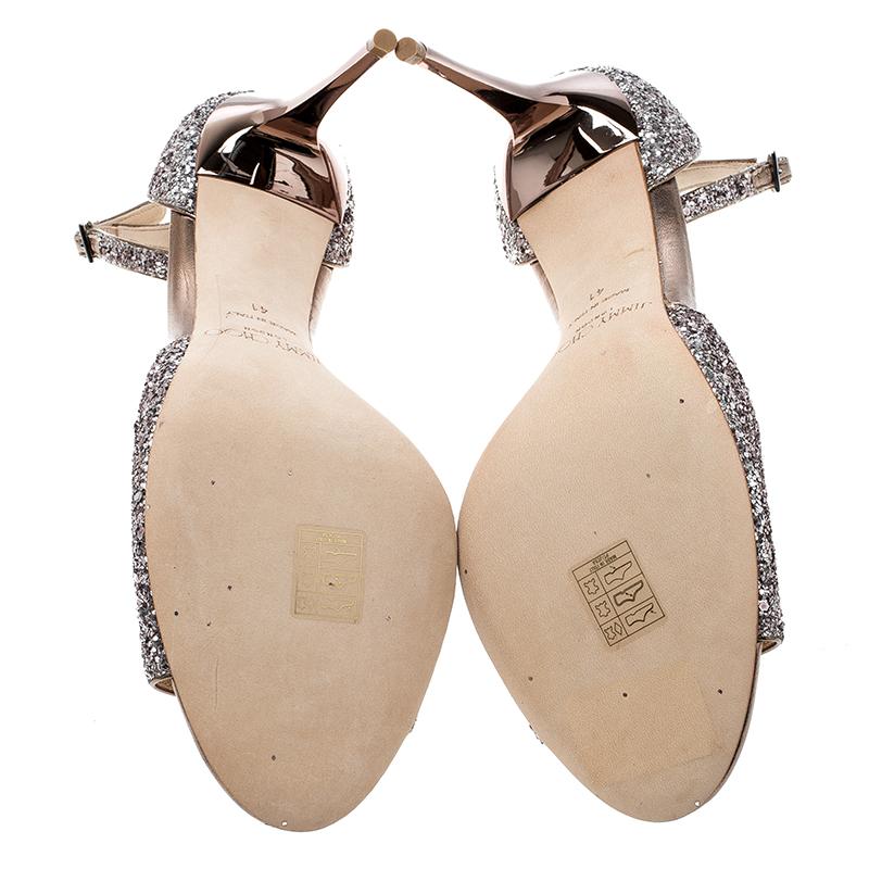 Jimmy Choo Metallic Rose Coarse Glitter Annie Peep Toe Ankle Strap Sandals Size  In New Condition In Dubai, Al Qouz 2