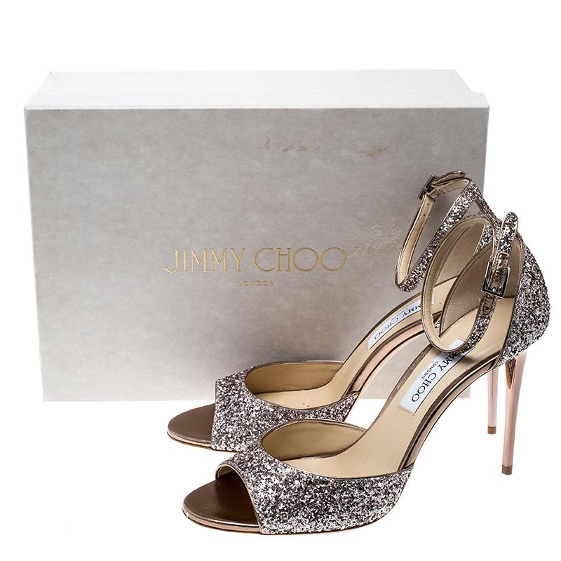 Jimmy Choo Metallic Rose Coarse Glitter Annie Peep Toe Ankle Strap Sandals Size  3
