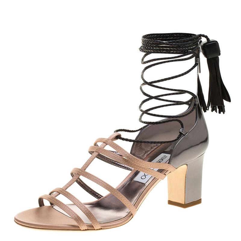 Jimmy Choo Beige Satin and Metallic Leather Diamond Tie Up Block Heel Sandals Si