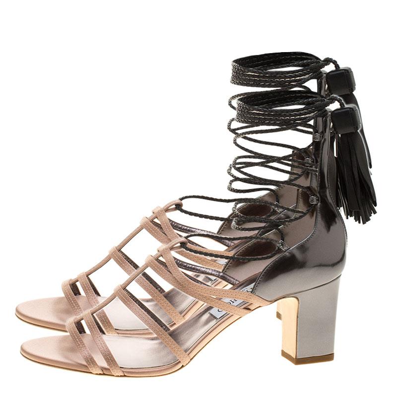 Jimmy Choo Beige Satin and Metallic Leather Diamond Tie Up Block Heel Sandals Si 2