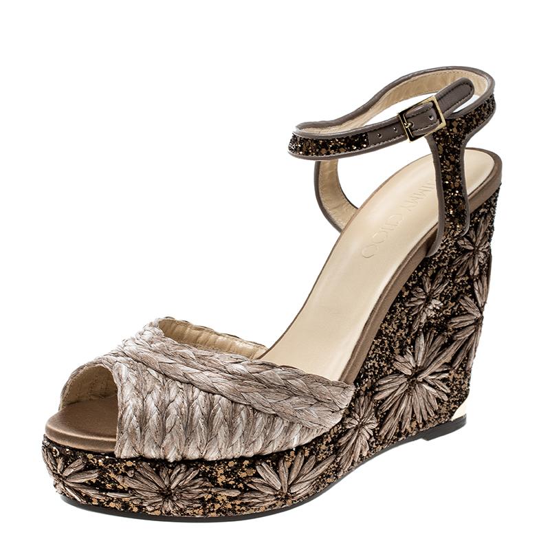 Jimmy Choo Light Mocha Raffia and Embroidered Coarse Glitter Perla Peep Toe Wedg