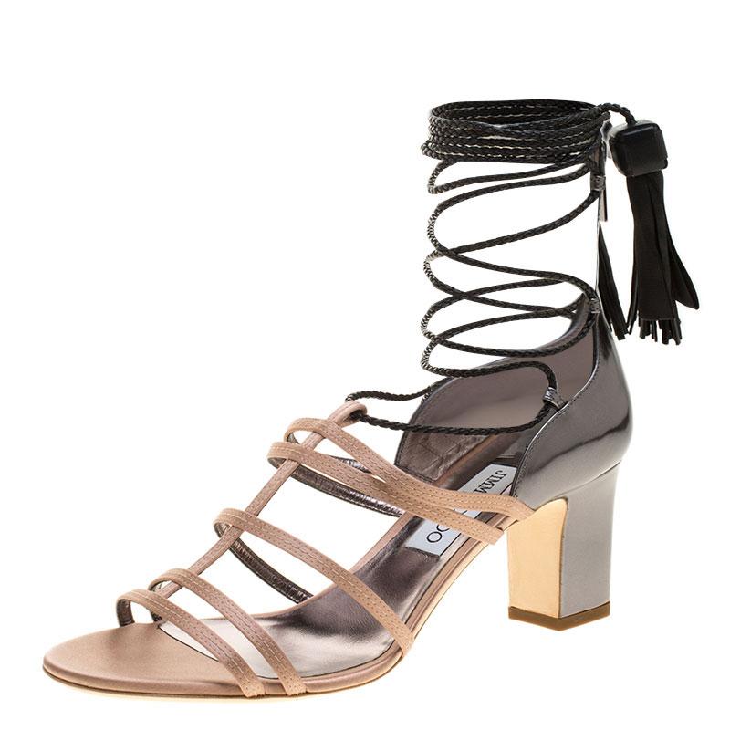 Jimmy Choo Beige Satin and Metallic Leather Diamond Ankle Tie Up Sandals Size 40