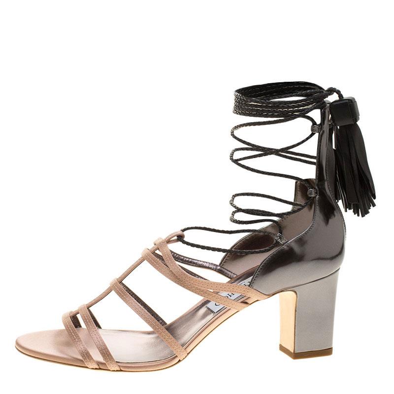 Jimmy Choo Beige Satin and Metallic Leather Diamond Ankle Tie Up Sandals Size 40 4