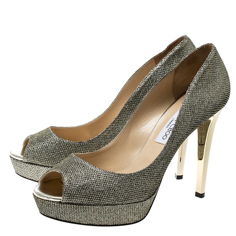 Jimmy Choo Metallic Gold Lamè Glitter Fabric Dahlia Platform Peep Toe Pumps Size 3