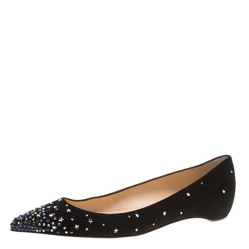 Christian Louboutin Black Suede Gravitanita Crystal Embellished Pointed Toe Flat