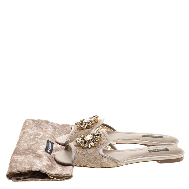 Dolce and Gabbana Beige Lace Sofia Crystal Embellished Slides Size 39.5 3