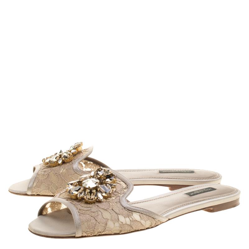 Dolce and Gabbana Beige Lace Sofia Crystal Embellished Slides Size 39.5 4