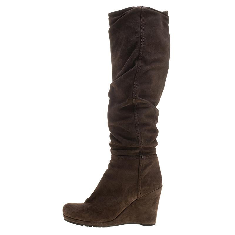 Women's Prada Brown Pleated Suede Wedge Heel Knee High Boots Size 39
