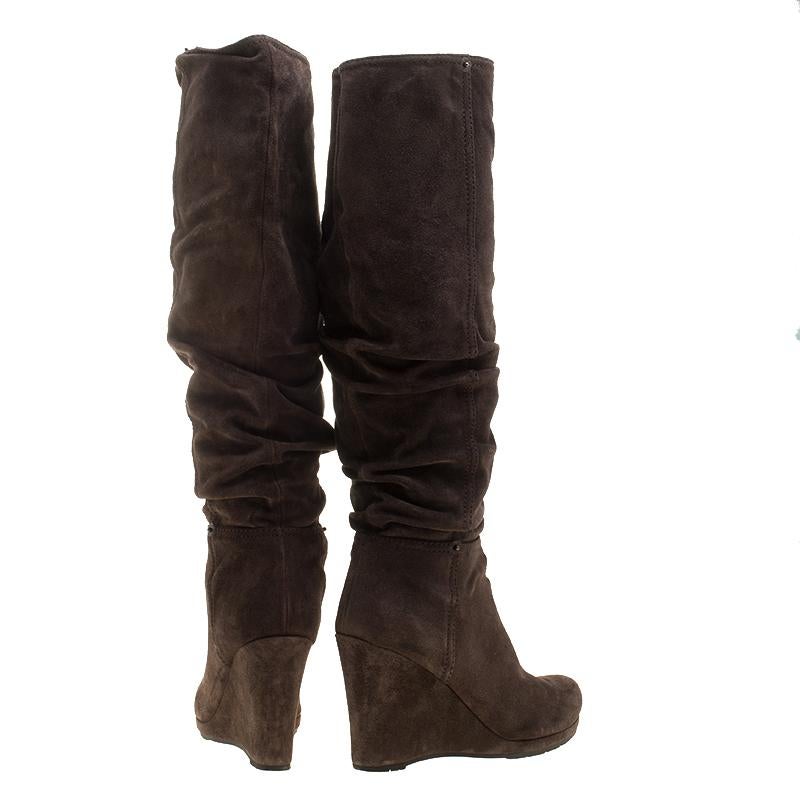 Black Prada Brown Pleated Suede Wedge Heel Knee High Boots Size 39
