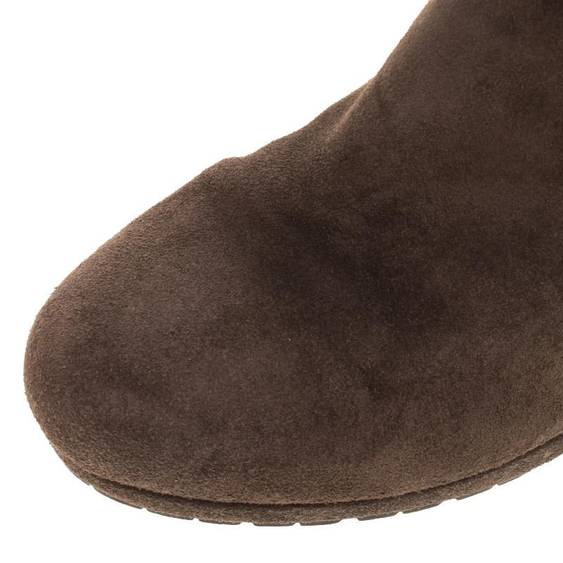 Prada Brown Pleated Suede Wedge Heel Knee High Boots Size 39 4