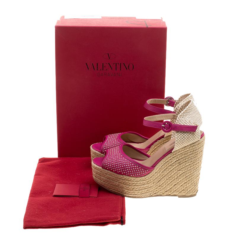 Women's Valentino Pink Studded Leather Espadrille Wedge Ankle Strap Sandals Size 37