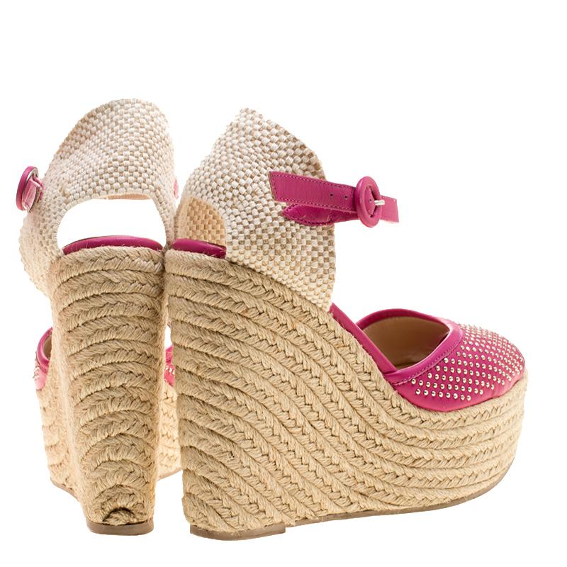 Beige Valentino Pink Studded Leather Espadrille Wedge Ankle Strap Sandals Size 37