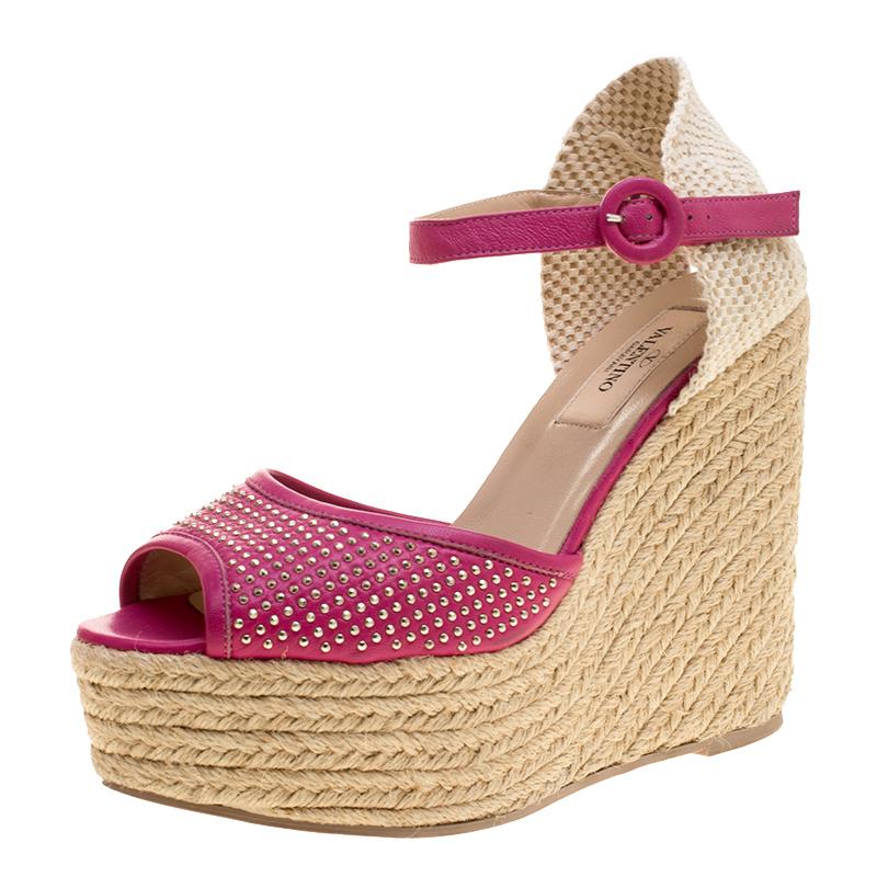 Valentino Pink Studded Leather Espadrille Wedge Ankle Strap Sandals Size 37