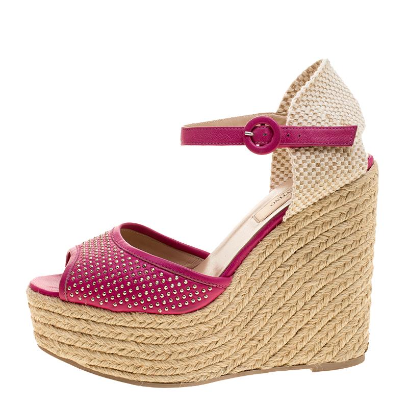Valentino Pink Studded Leather Espadrille Wedge Ankle Strap Sandals Size 37 2