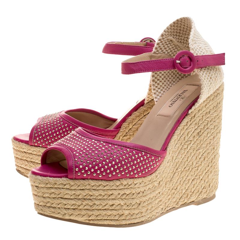 Valentino Pink Studded Leather Espadrille Wedge Ankle Strap Sandals Size 37 3