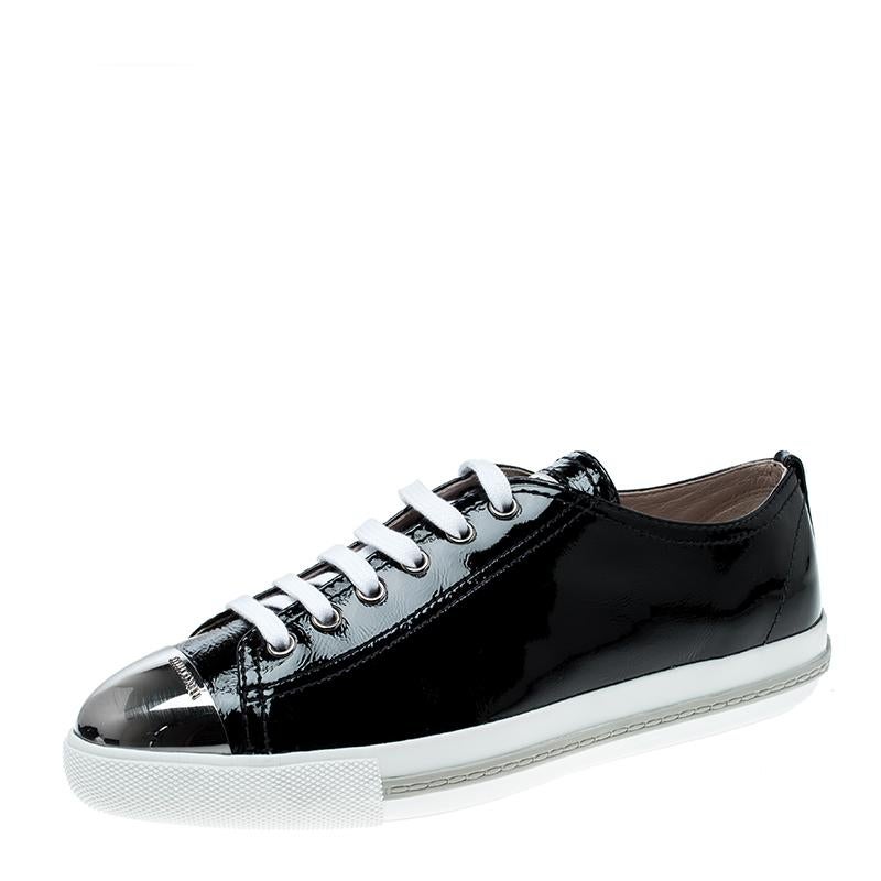 Miu Miu Black Patent Leather Metal Cap Toe Lace Up Sneakers Size 38.5