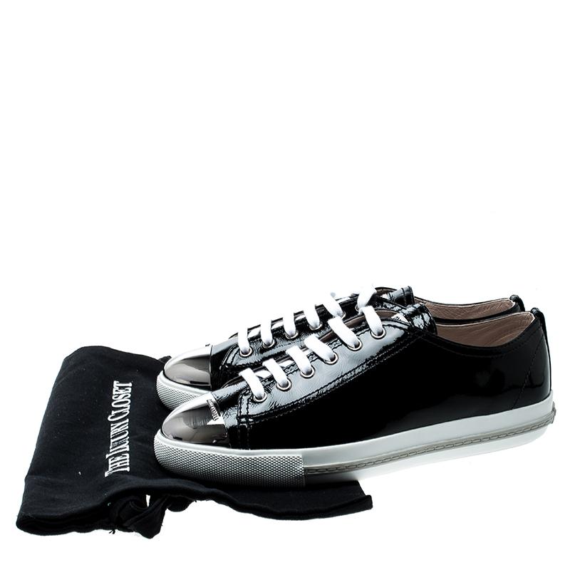 Miu Miu Black Patent Leather Metal Cap Toe Lace Up Sneakers Size 38.5 2