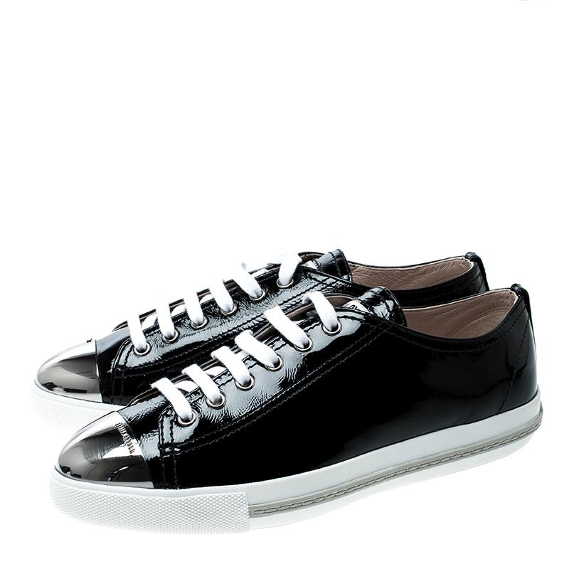 Miu Miu Black Patent Leather Metal Cap Toe Lace Up Sneakers Size 38.5 3