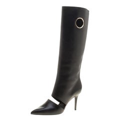 Salvatore Ferragamo Black Cutout Leather Eyelet Knee Boots Size 41.5
