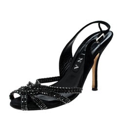 Gina Black Suede Crystal Embellished Peep Toe Slingback Sandals Size 38