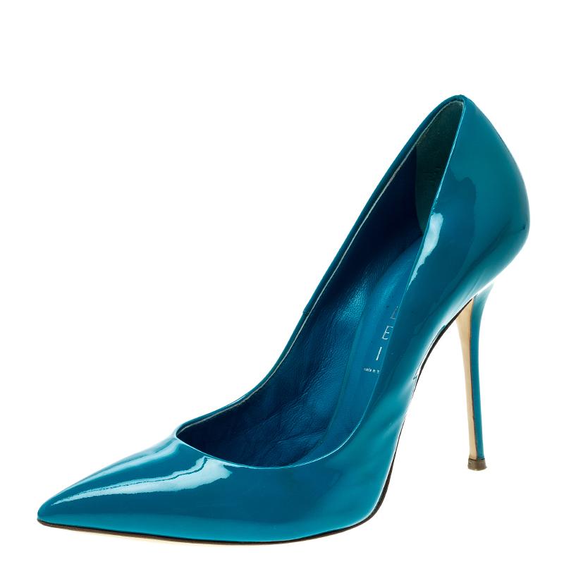 Casadei Blue Patent Leather Tiffany Pointed Toe Pumps Size 39