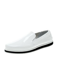 Prada Sport White Patent Leather Scrunch Slip On Loafer Sneakers Size 38