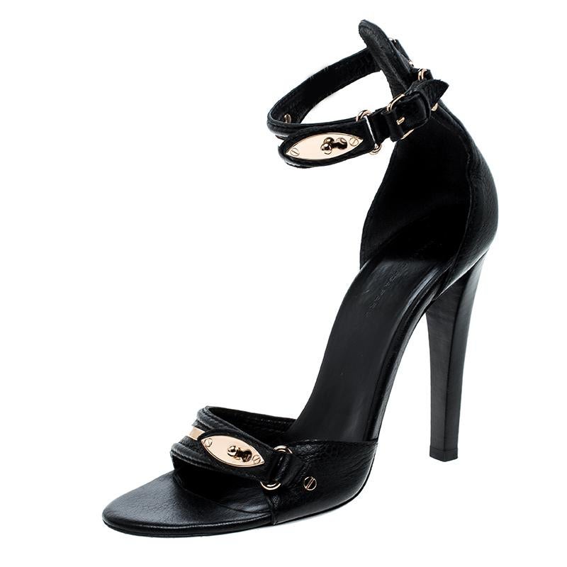 Balenciaga Black Leather Buckle Detail Ankle Strap Open Toe Sandals Size 38