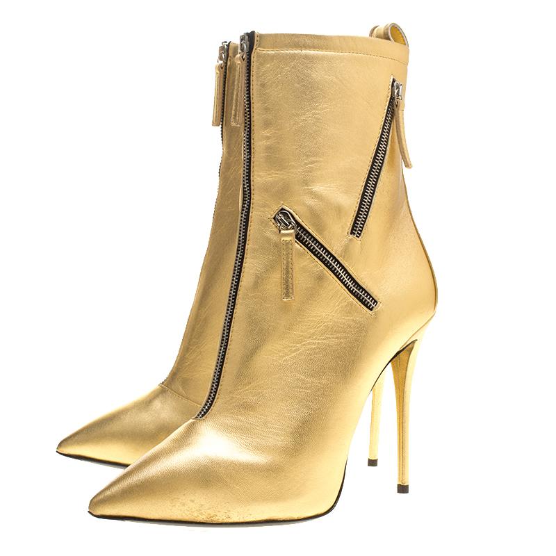 Giuseppe Zanotti Metallic Gold Leather Multi Zip Detail Pointed Boots Size 37.5 1