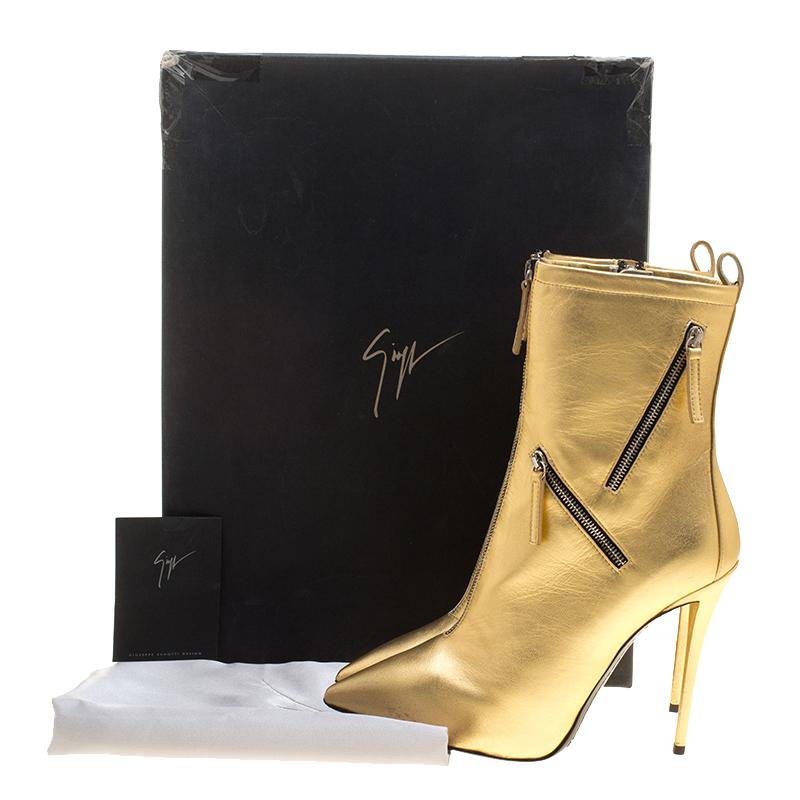 Giuseppe Zanotti Metallic Gold Leather Multi Zip Detail Pointed Boots Size 37.5 2