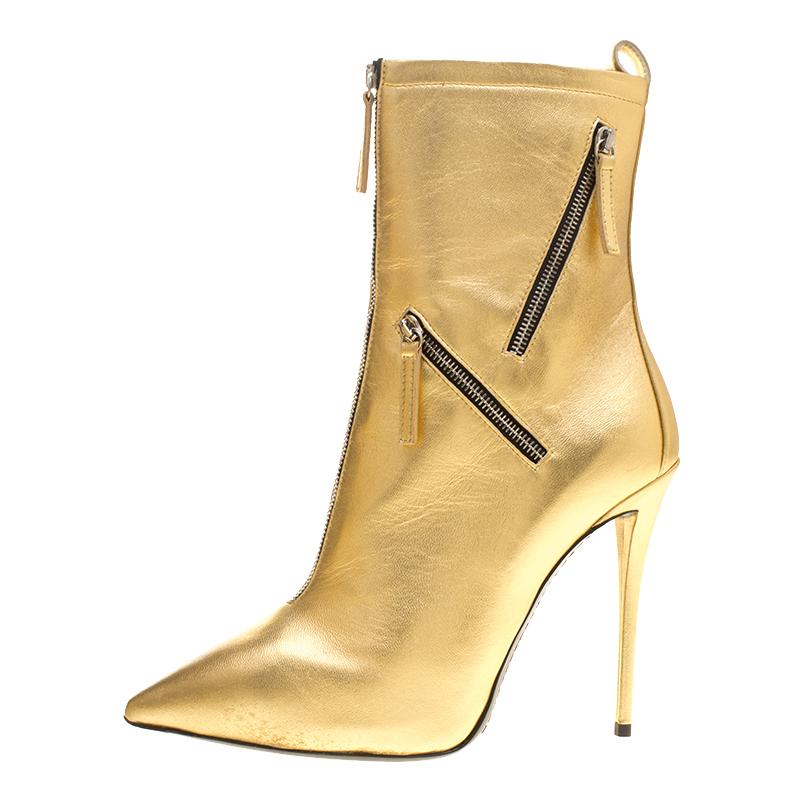 Giuseppe Zanotti Metallic Gold Leather Multi Zip Detail Pointed Boots Size 37.5 4