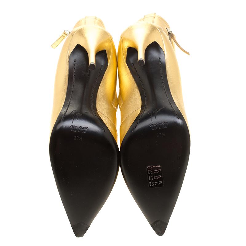 Women's Giuseppe Zanotti Metallic Gold Leather Multi Zip Detail Pointed Boots Size 37.5