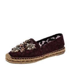 Dolce and Gabbana Burgundy Lace Crystal Embellished Espadrilles Size 36