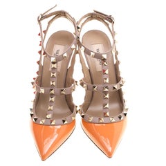 Valentino Beige and Orange Patent Leather Rockstud Sandals Size 37.5